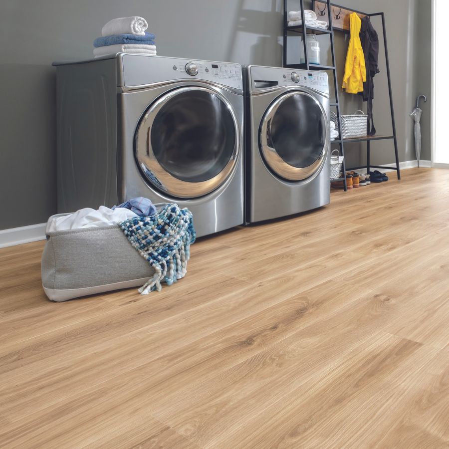 light wood laminate flooring in laundry room